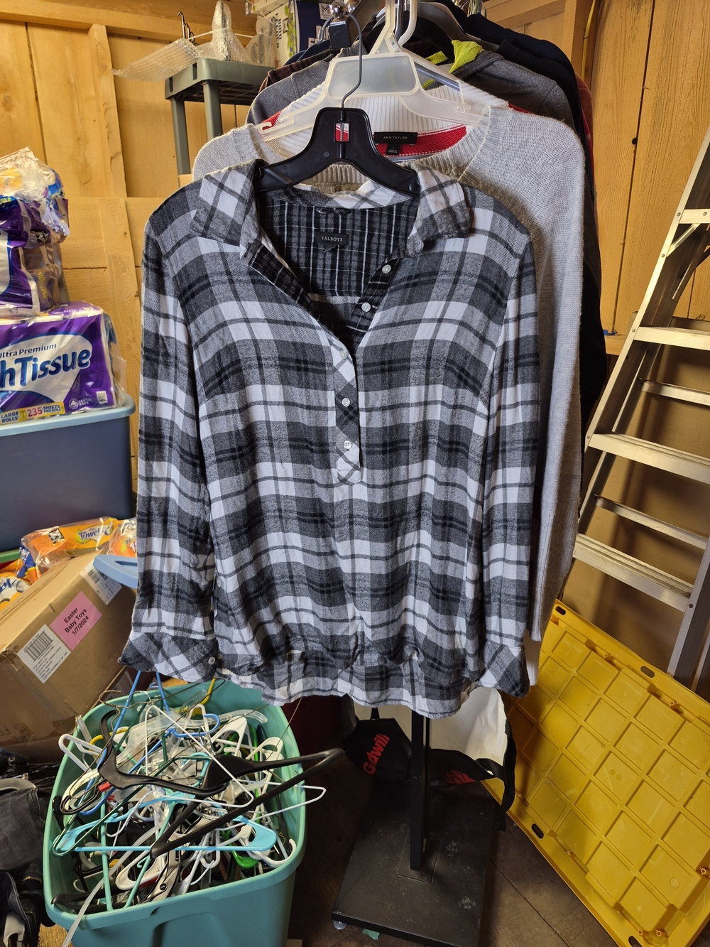 Talbots Black & White Plaid Button-Front Henley Top Bin 65